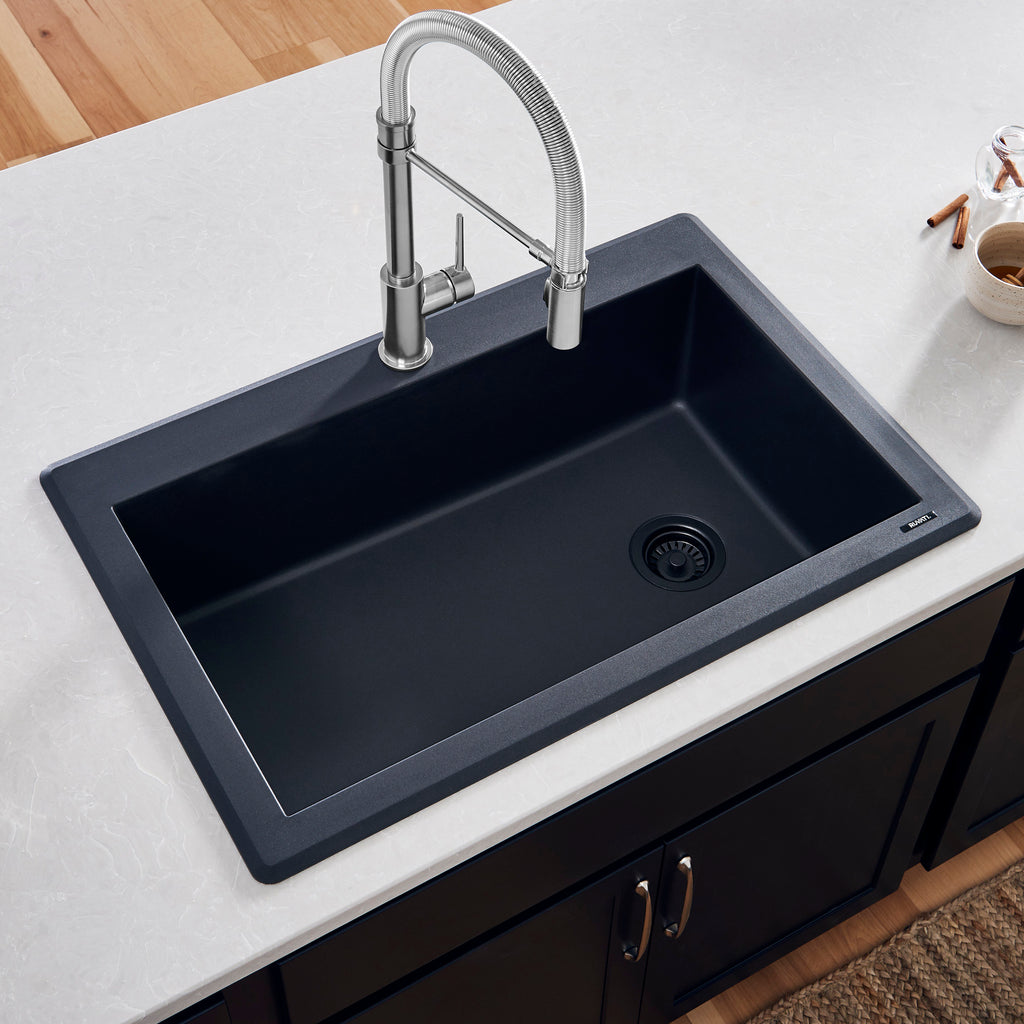 Granite Topmount 33x22 Offset Drain Single Basin Sink Midnight Black