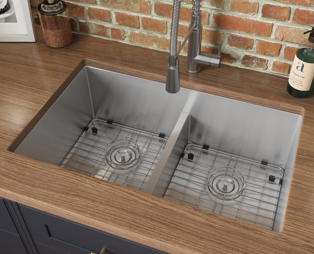 32" Low-Divide Undermount 50/50 Double Bowl 16 Gauge Rounded Corners Stainless Steel Kitchen Sink