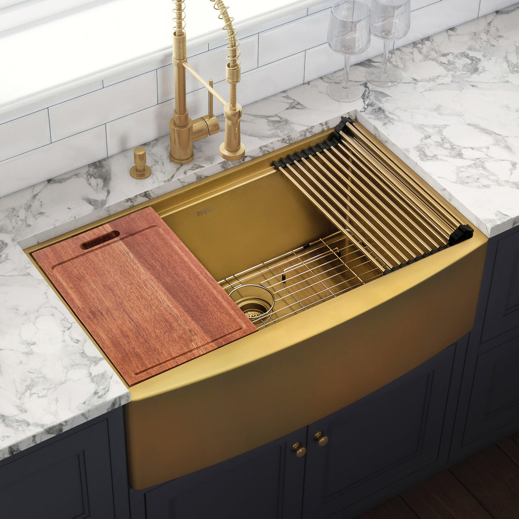 Apron Front Workstation 30x22 Single Basin Sink Gold