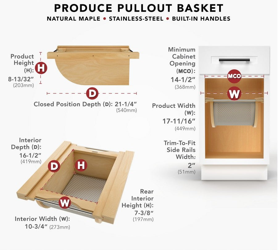 Produce Basket Pullout Maple for 18" BC