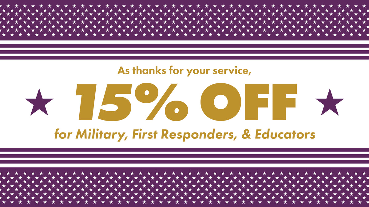 Image of 15% off promotion for military, first responders, & educators
