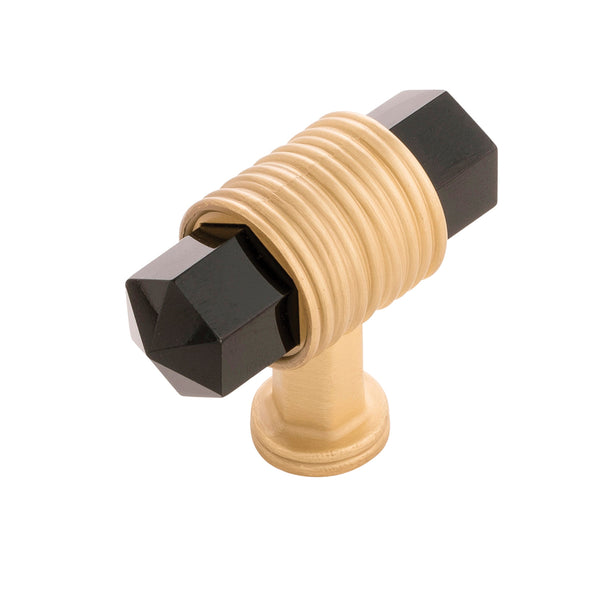 Chrysalis T-Knob 1-7/8 Inch x 3/4 Inch Brushed Golden Brass with Opaque Black Glass
