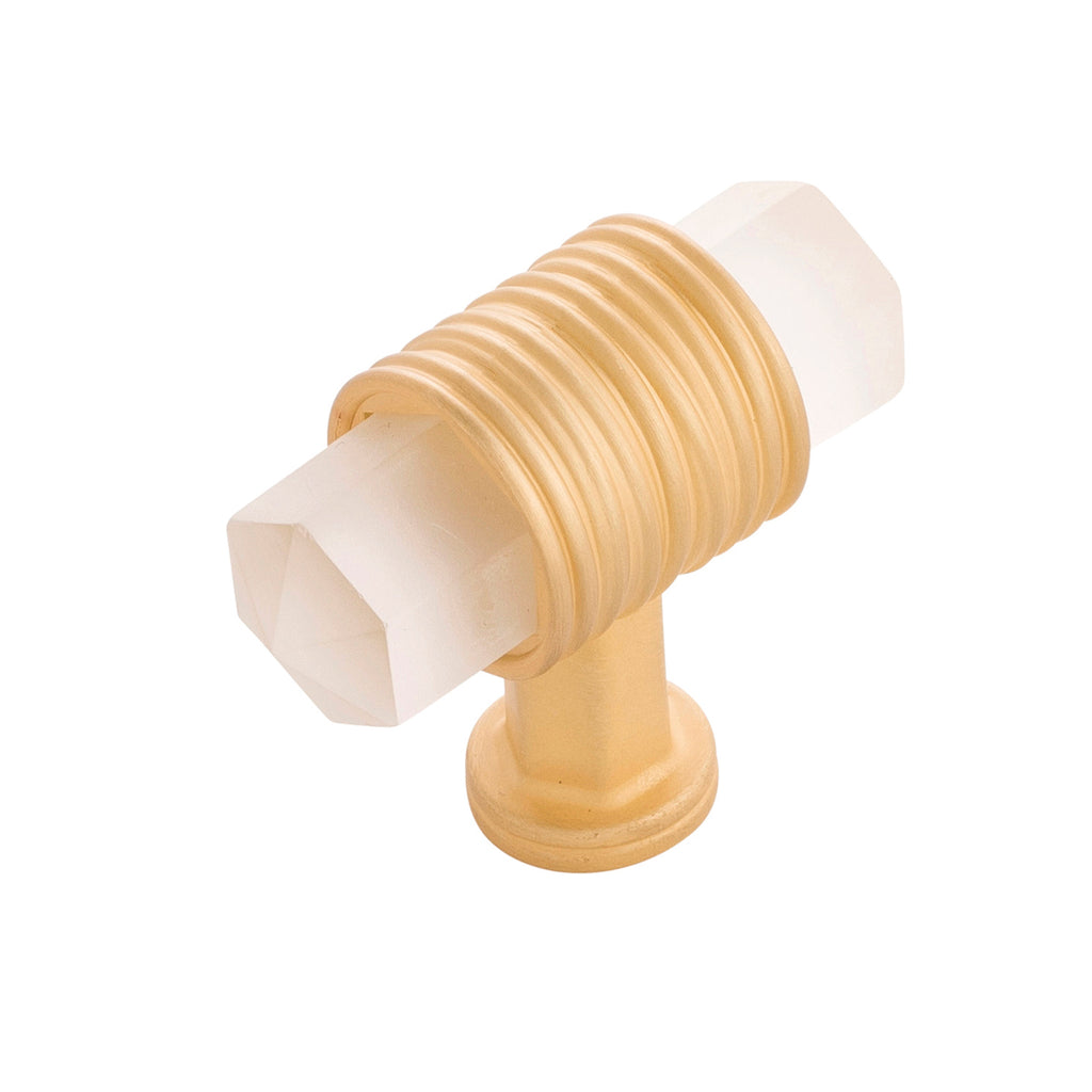 Chrysalis T-Knob 1-7/8 Inch x 3/4 Inch Brushed Golden Brass with Frosted Glass Finish