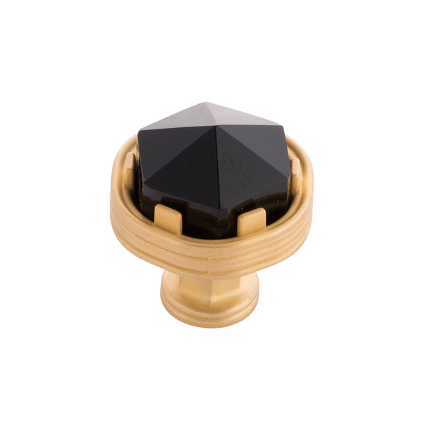 Chrysalis Knob 1-3/16 Inch Diameter Brushed Golden Brass with Opaque Black Glass