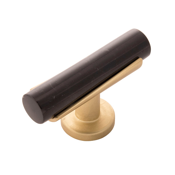 Firenze T-Knob 2-1/2 Inch x 1 Inch Black Marble with Brushed Golden Brass