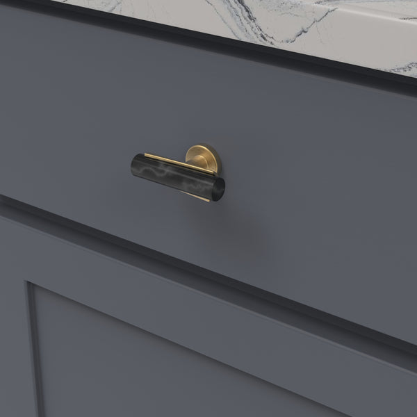 Firenze T-Knob 2-1/2 Inch x 1 Inch Black Marble with Brushed Golden Brass