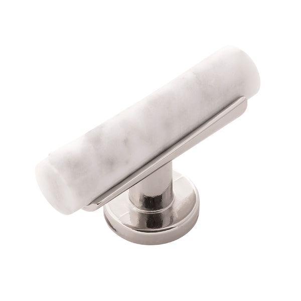 Firenze T-Knob 2-1/2 Inch x 1 Inch White Marble with Polished Nickel