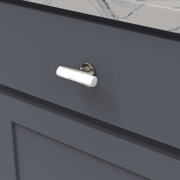 Firenze T-Knob 2-1/2 Inch x 1 Inch White Marble with Polished Nickel