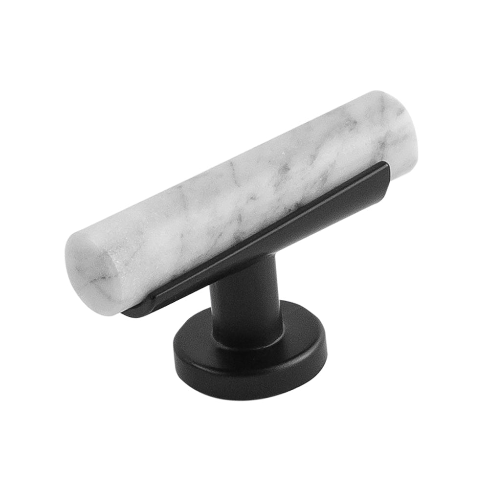 Firenze T-Knob 2-1/2 Inch x 1 Inch White Marble with Matte Black