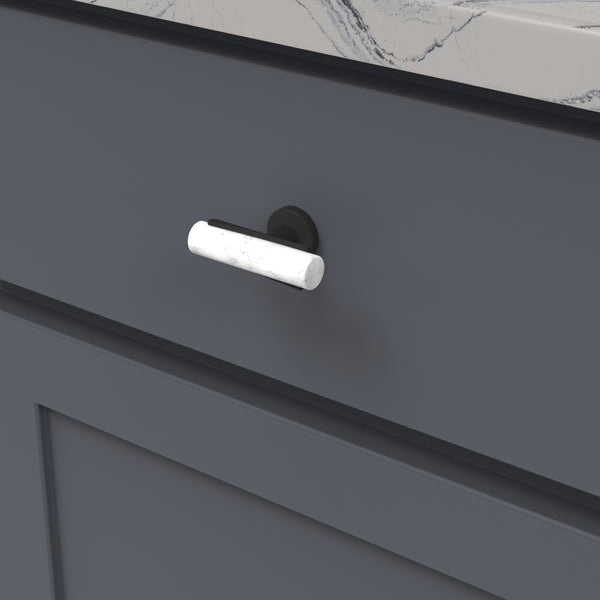 Firenze T-Knob 2-1/2 Inch x 1 Inch White Marble with Matte Black