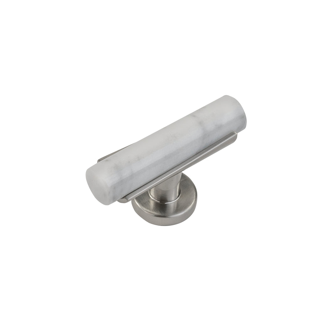 Firenze T-Knob 2-1/2 Inch x 1 Inch White Marble with Satin Nickel Finish