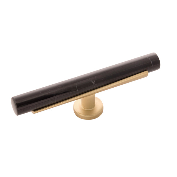 Firenze T-Knob 5 Inch x 1 Inch Black Marble with Brushed Golden Brass