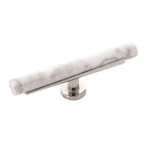 Firenze T-Knob 5 Inch x 1 Inch White Marble with Polished Nickel