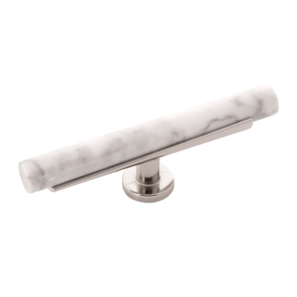 Firenze T-Knob 5 Inch x 1 Inch White Marble with Polished Nickel