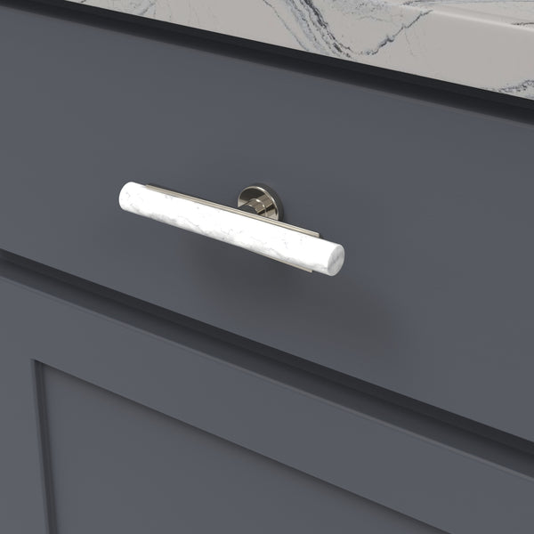 Firenze T-Knob 5 Inch x 1 Inch White Marble with Polished Nickel