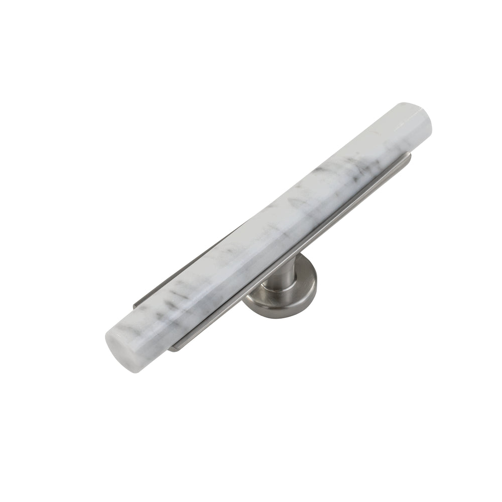 Firenze T-Knob 5 Inch x 1 Inch White Marble with Satin Nickel