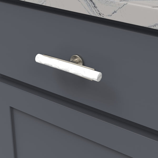 Firenze T-Knob 5 Inch x 1 Inch White Marble with Satin Nickel