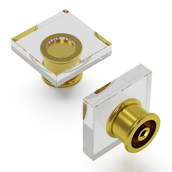Crystal Palace Knob 1-3/8 Inch Square Crysacrylic with Brushed Golden Brass