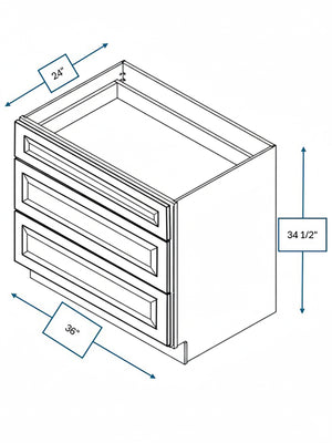 Broad Creek Blue Bevel Shaker 36 in. 3-Drawer Base Cabinet