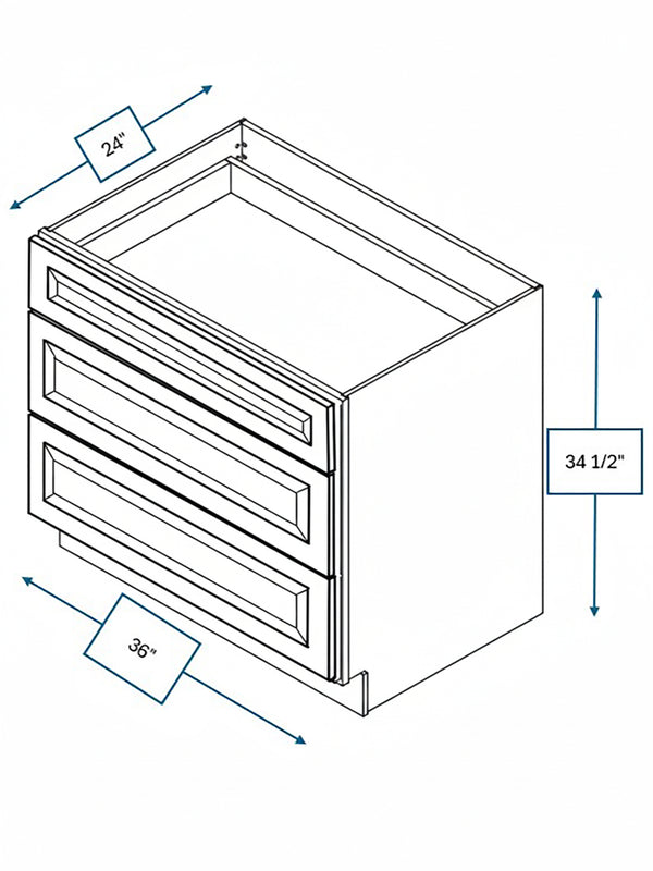 Broad Creek Blue Bevel Shaker 36 in. 3-Drawer Base Cabinet