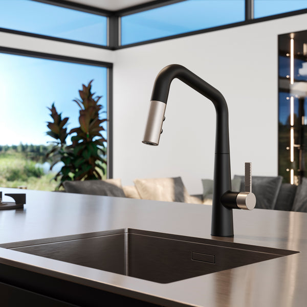 Asari Kitchen Faucet 1-Handle Combo-Matte Black/Spot Defense Brushed Nickel