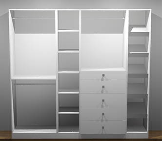 White wardrobe with shelves and drawers against a gray wall