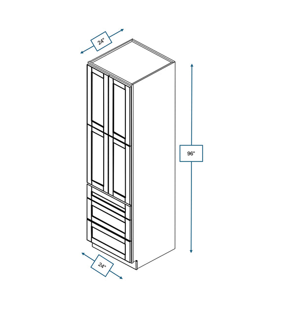 Malibu White 24 in. Wide x 24 in. Deep x 96 in. Tall - 3-Drawer Pantry Shaker Cabinet