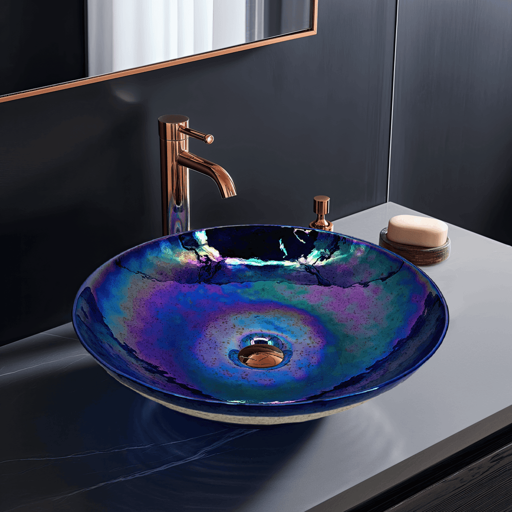 16 " Murano Glass Art Vessel Circle Bathroom Sink Celestial Blue