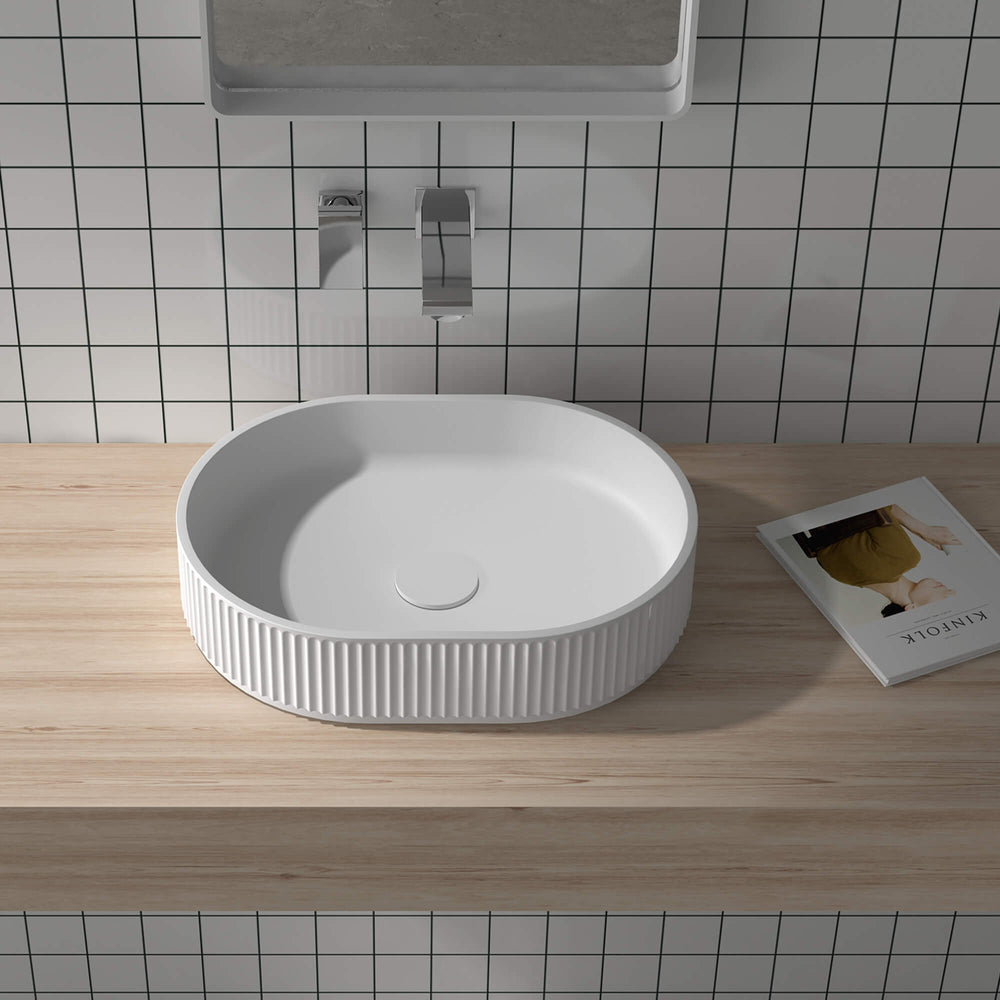 19 x 14 Fluted Vessel Bathroom Sink Matte White