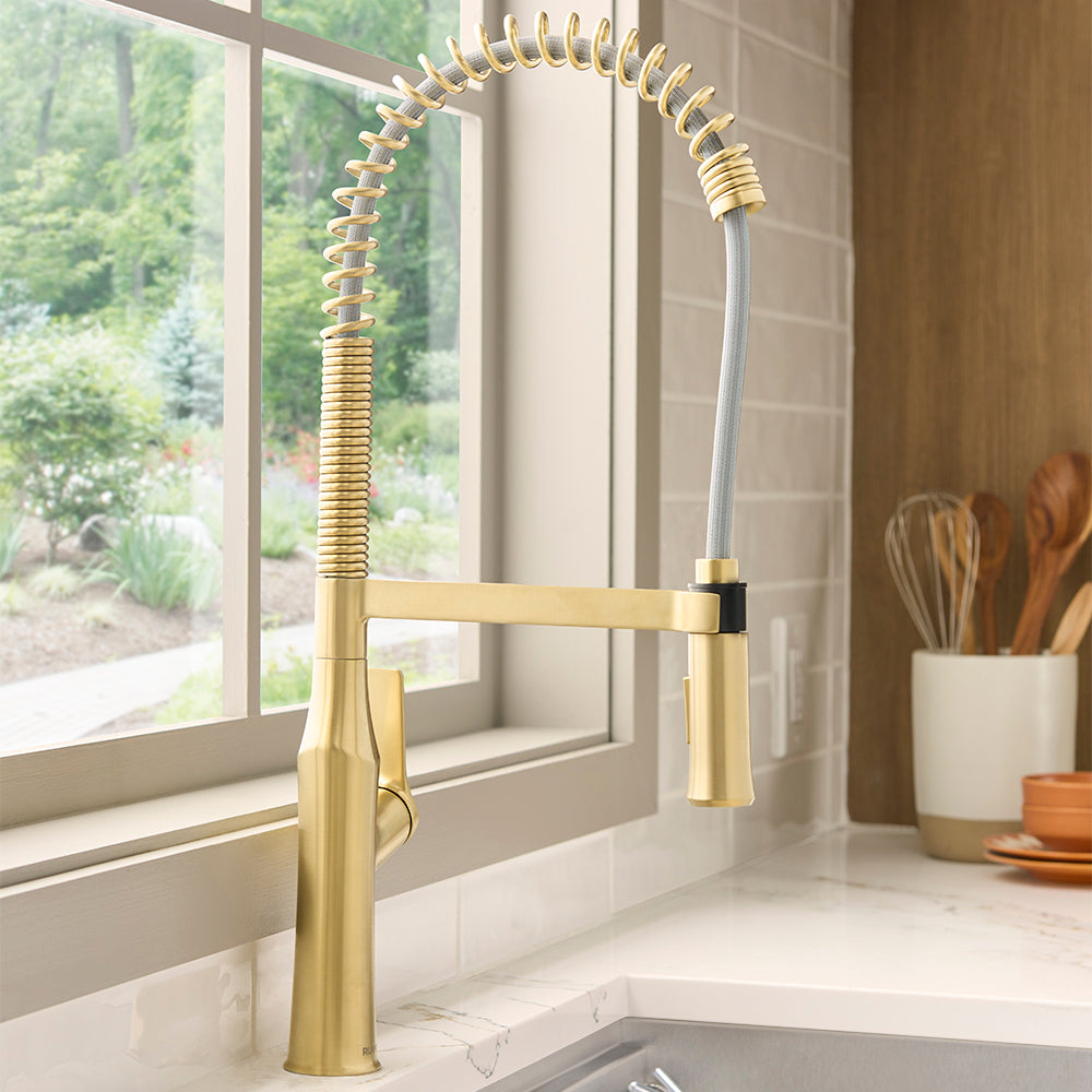 Seneca Brushed Gold Single Handle Pull Down Kitchen Faucet with Pre-Rinse Sprayer - RVF1233SG