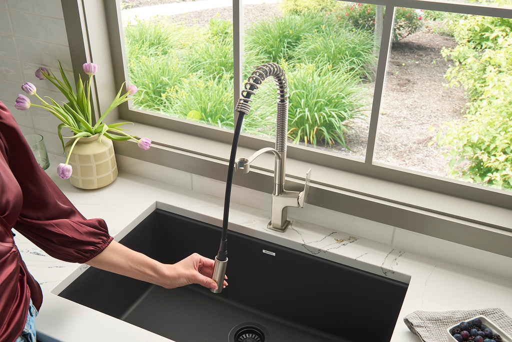 Seneca Brushed Nickel Single Handle Pull Down Kitchen Faucet with Pre-Rinse Sprayer - RVF1236BN