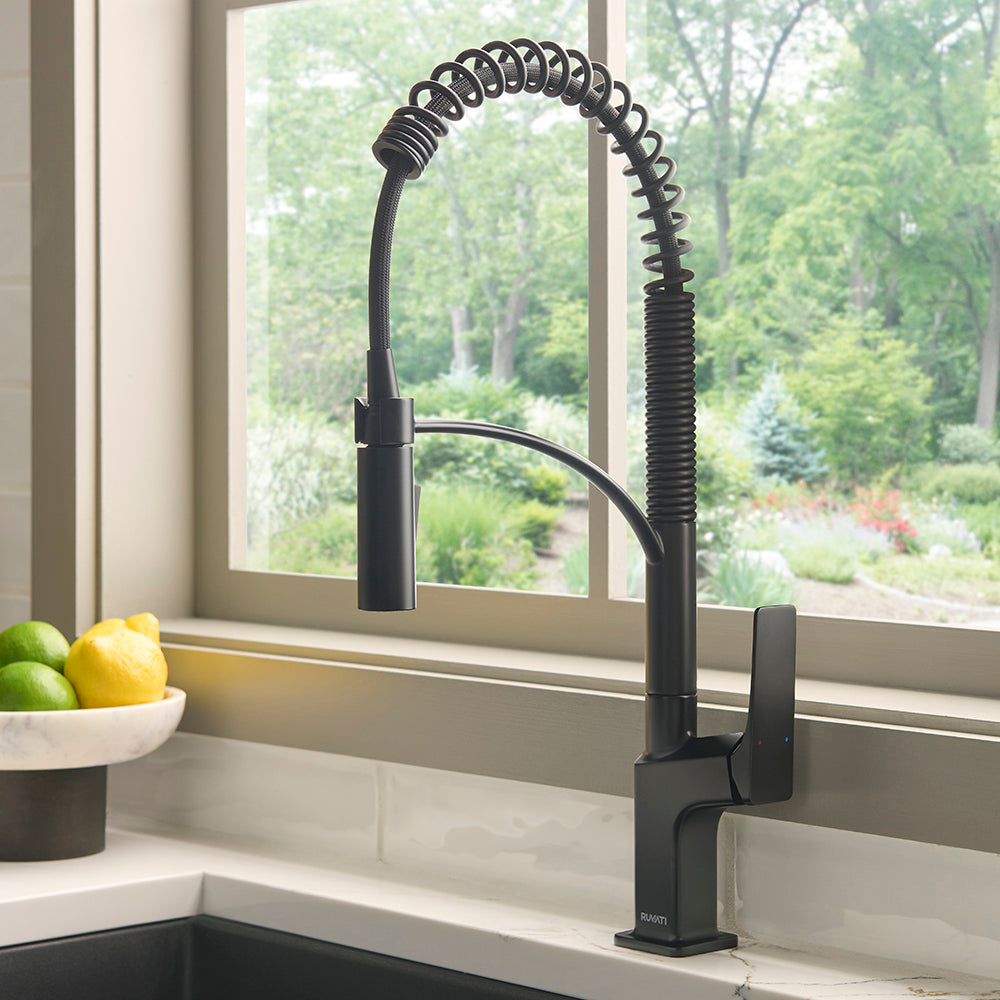 Seneca Matte Black Single Handle Pull Down Kitchen Faucet with Pre-Rinse Spray Hose - RVF1236MB