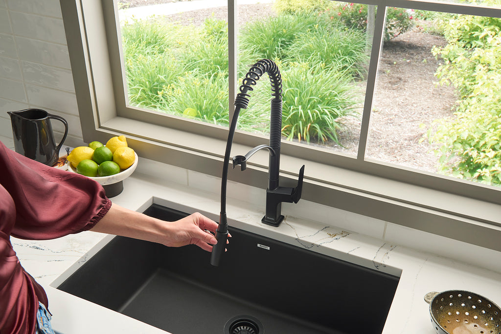 Seneca Matte Black Single Handle Pull Down Kitchen Faucet with Pre-Rinse Spray Hose - RVF1236MB