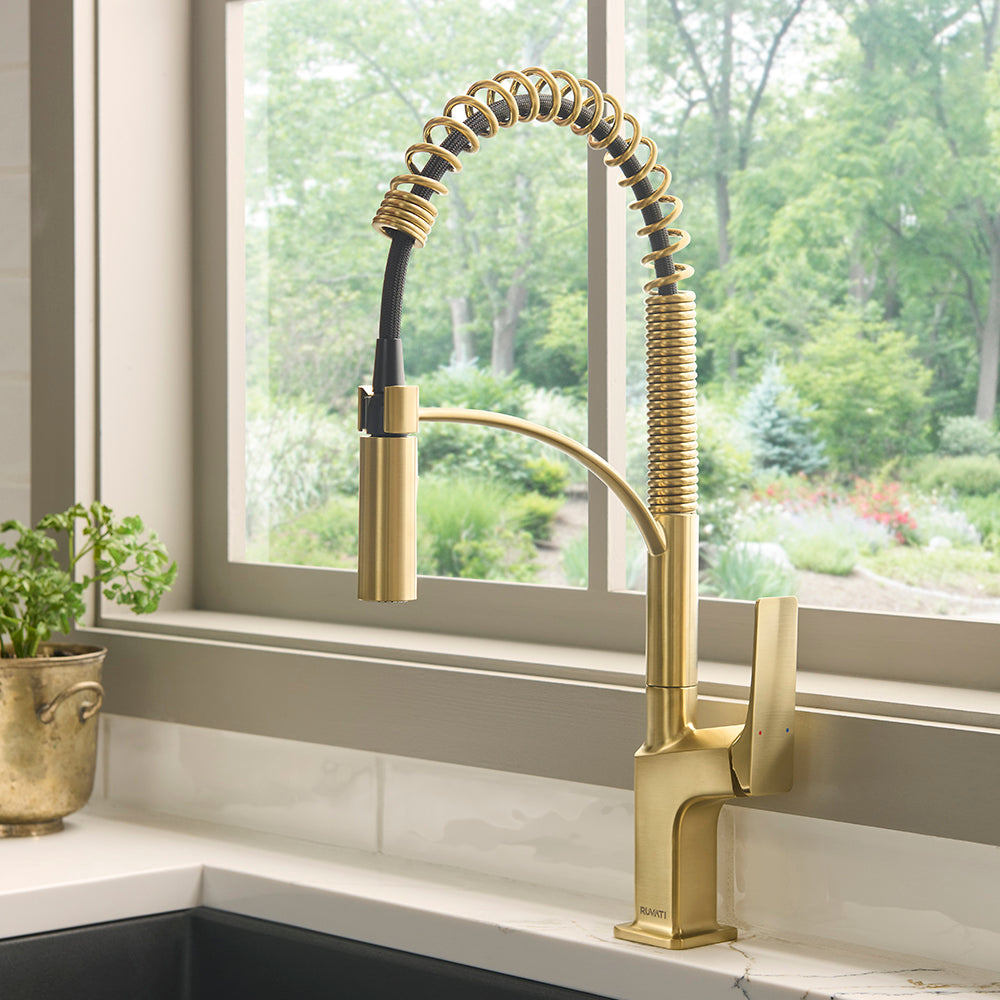 Seneca Brushed Gold Single Handle Pull Down Spring Kitchen Faucet with Pre-Rinse Sprayer - RVF1236SG