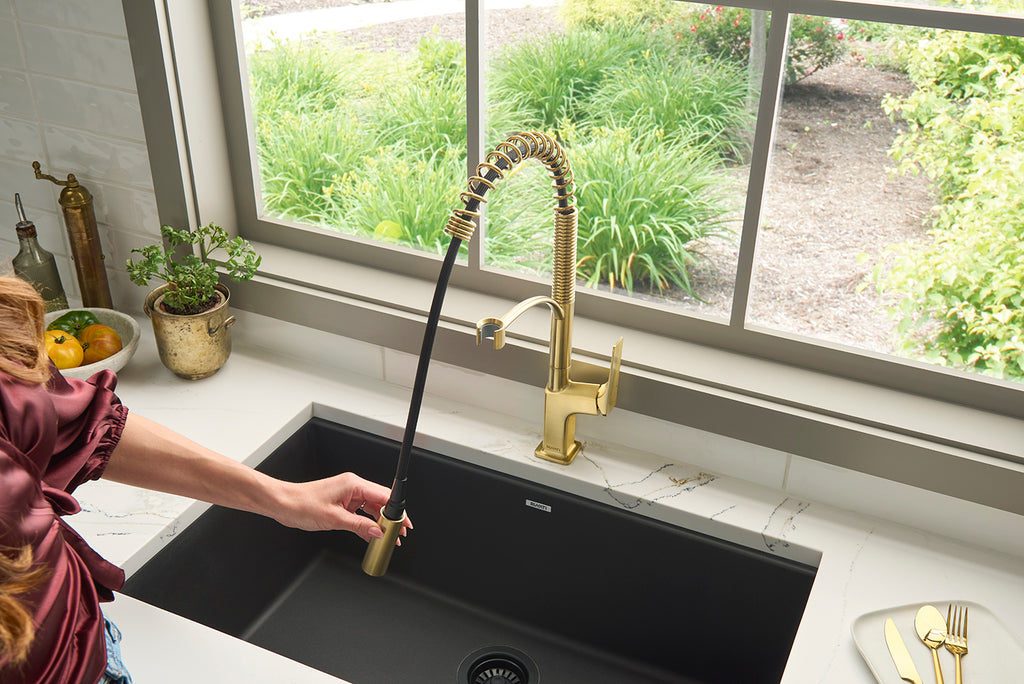 Seneca Brushed Gold Single Handle Pull Down Spring Kitchen Faucet with Pre-Rinse Sprayer - RVF1236SG