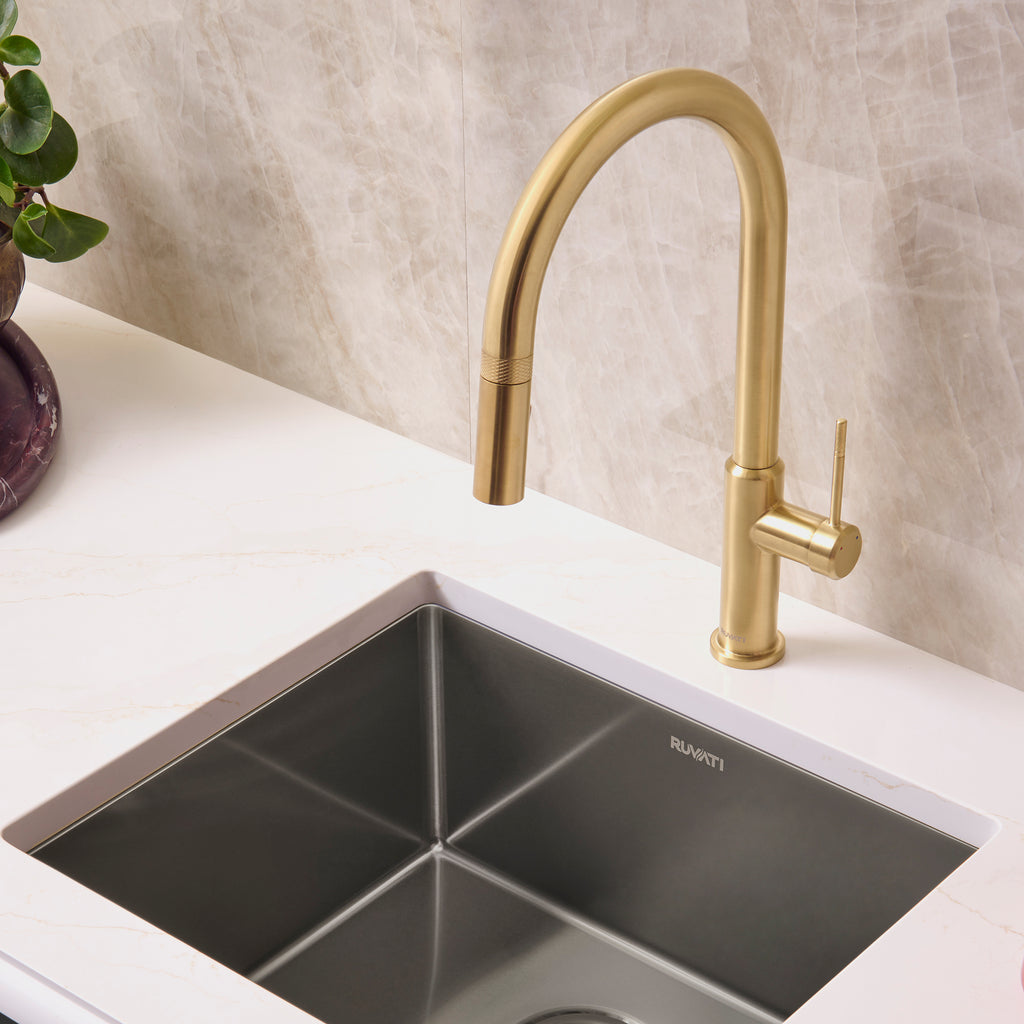 Vestia Single Handle Pull Down Kitchen Faucet with Sprayer in Brushed Gold - RVF1237SG