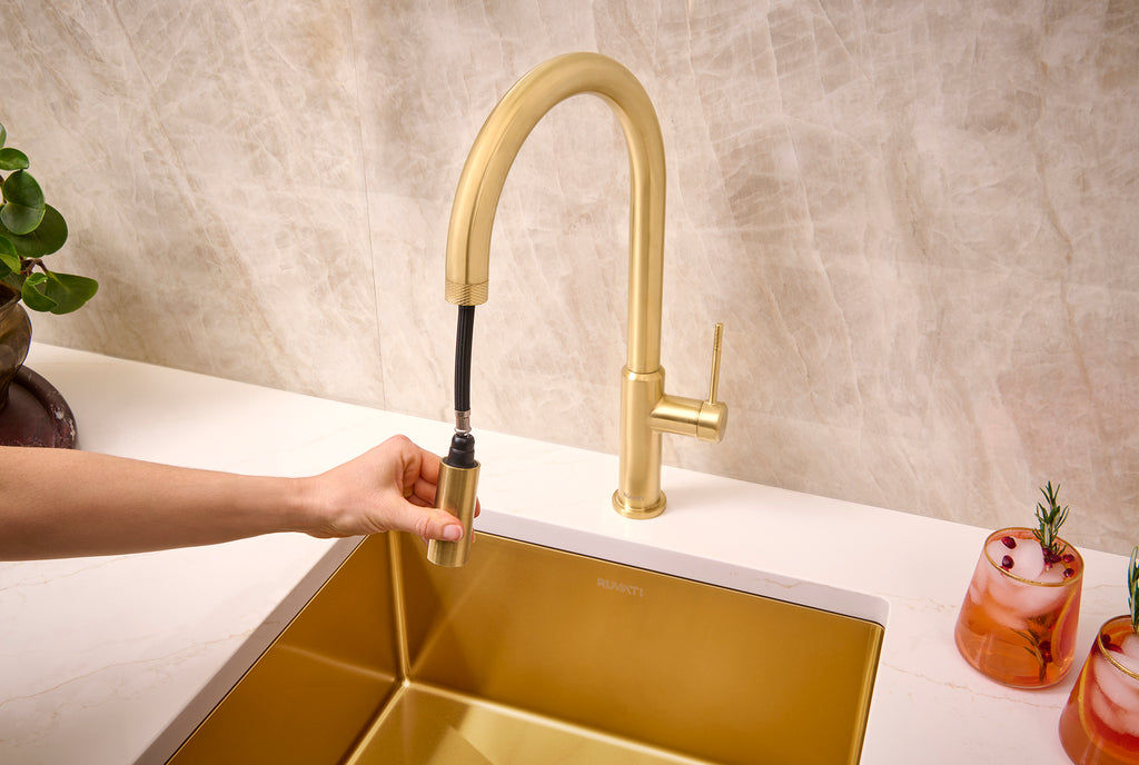 Vestia Single Handle Pull Down Kitchen Faucet with Sprayer in Brushed Gold - RVF1237SG