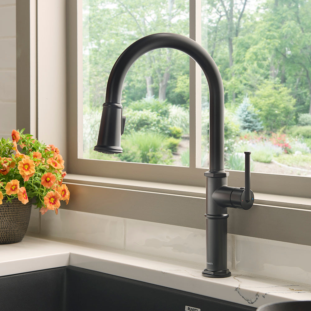 Idris Single Handle Pull Down Kitchen Faucet with Sprayer in Matte Black - RVF1239MB