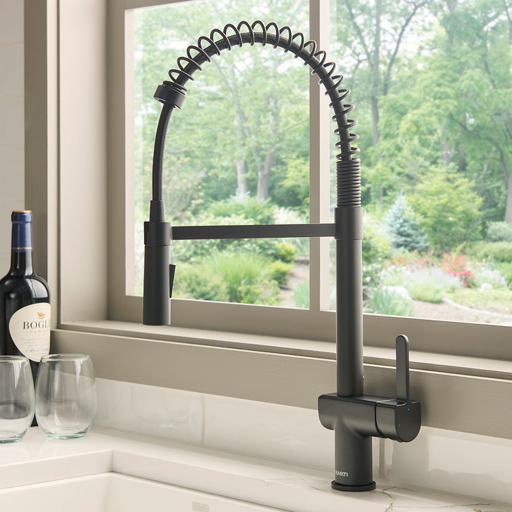 Seneca Single Handle Pull Down Spiral Spring Kitchen Faucet with Sprayer in Matte Black - RVF1243MB