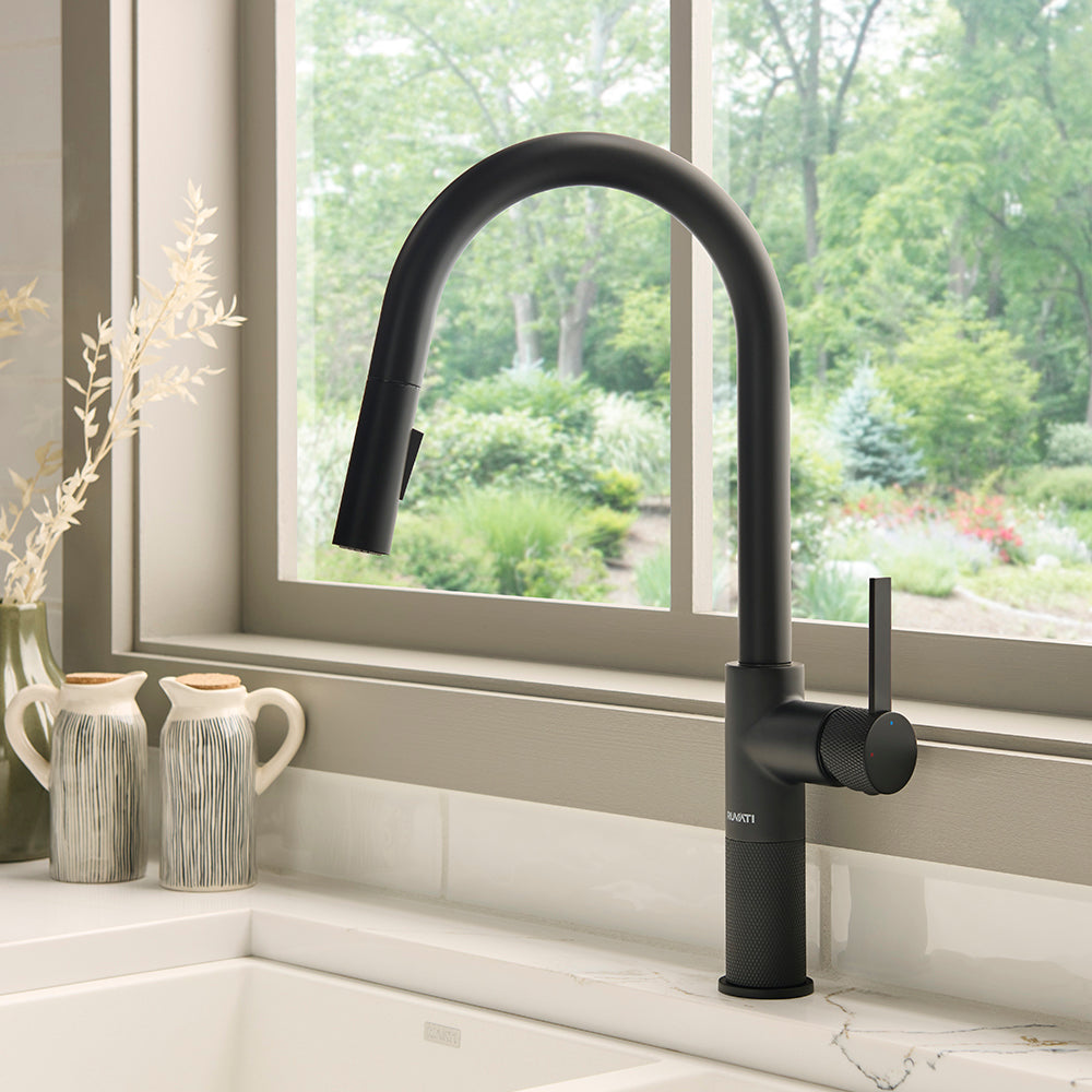 Isola Single Handle Pull Down Kitchen Faucet with Sprayer in Matte Black - RVF1248MB