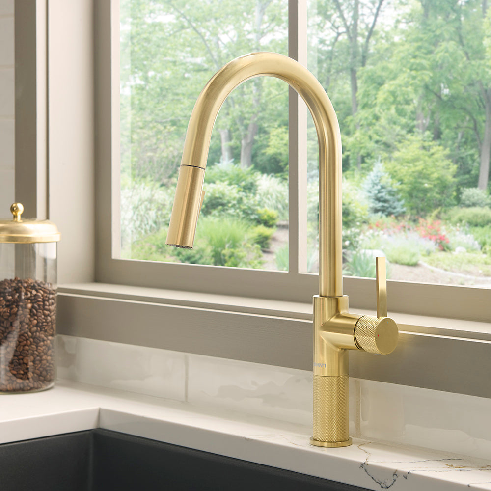 Isola Single Handle Pull Out Kitchen Faucet with Sprayer in Brushed Gold - RVF1248SG
