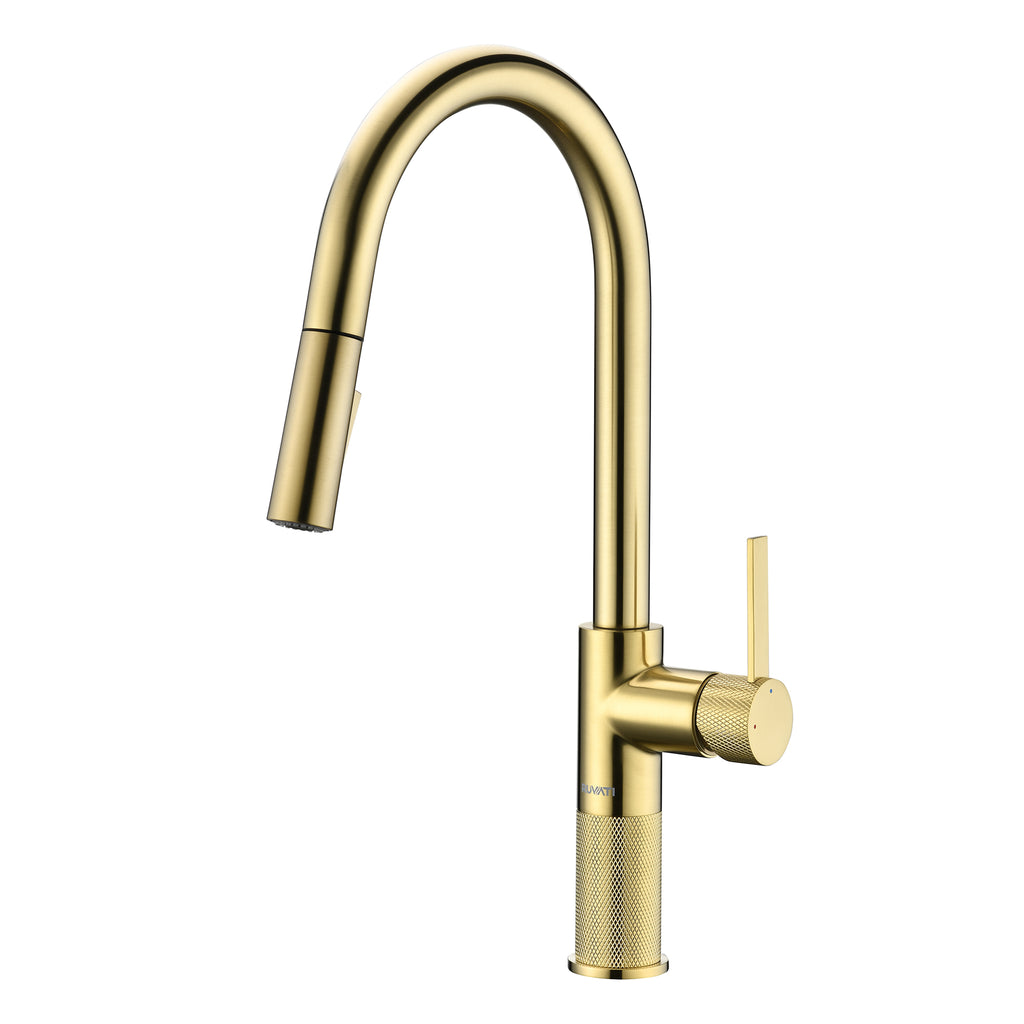 Isola Single Handle Pull Out Kitchen Faucet with Sprayer in Brushed Gold - RVF1248SG