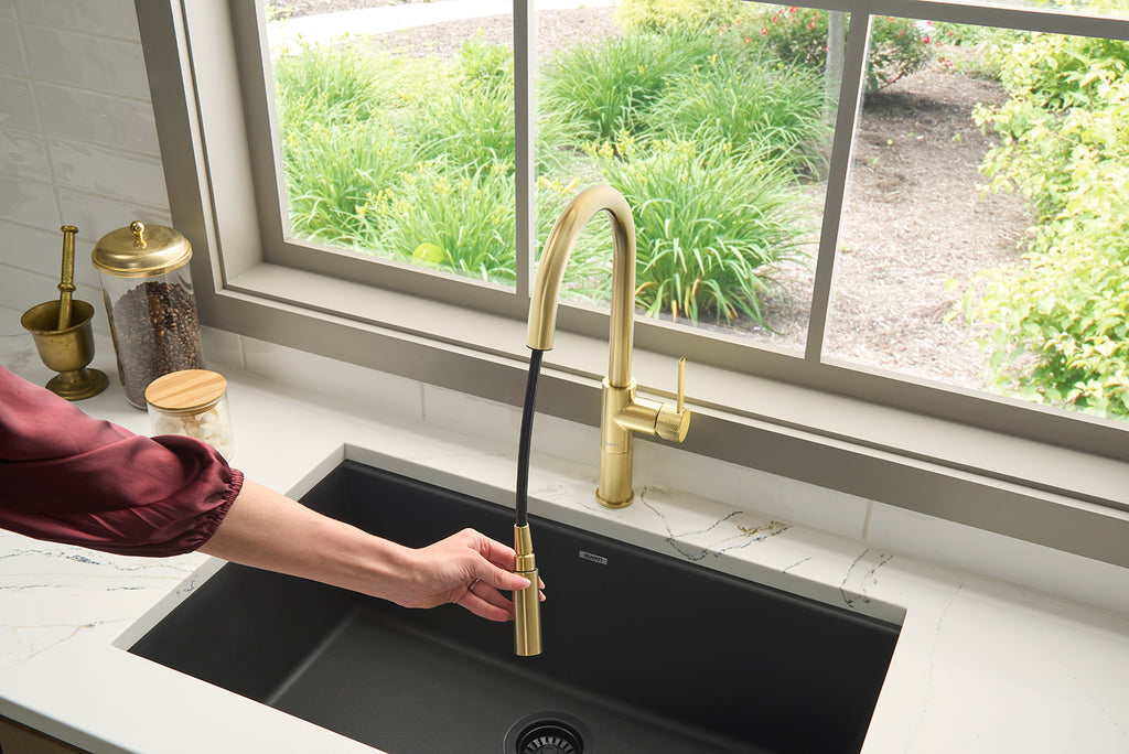 Isola Single Handle Pull Out Kitchen Faucet with Sprayer in Brushed Gold - RVF1248SG