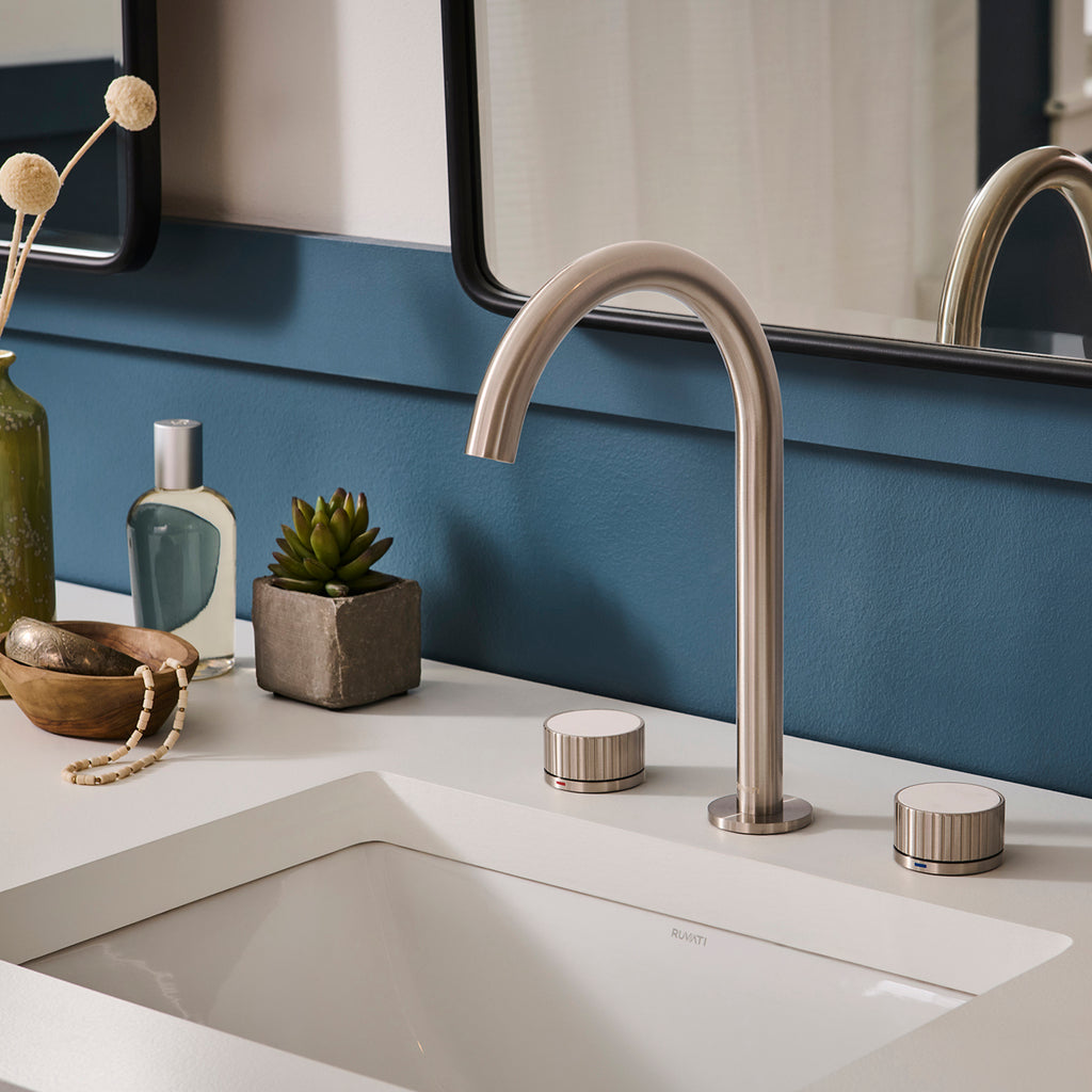 Athena Two Handle Stone Marble Inlay Fluted Widespread Bathroom Faucet in Brushed Nickel - RVF5232BN