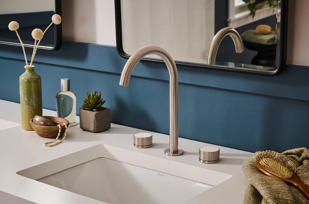 Athena Two Handle Stone Marble Inlay Fluted Widespread Bathroom Faucet in Brushed Nickel - RVF5232BN