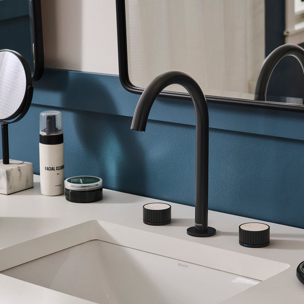 Athena Two Handle Stone Marble Inlay Grooved Widespread Bathroom Faucet in Matte Black- RVF5232MB