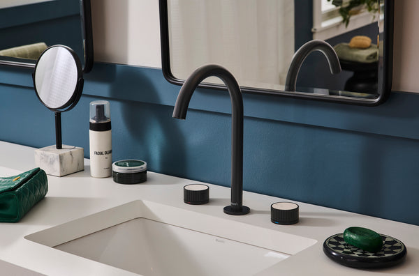 Athena Two Handle Stone Marble Inlay Grooved Widespread Bathroom Faucet in Matte Black- RVF5232MB