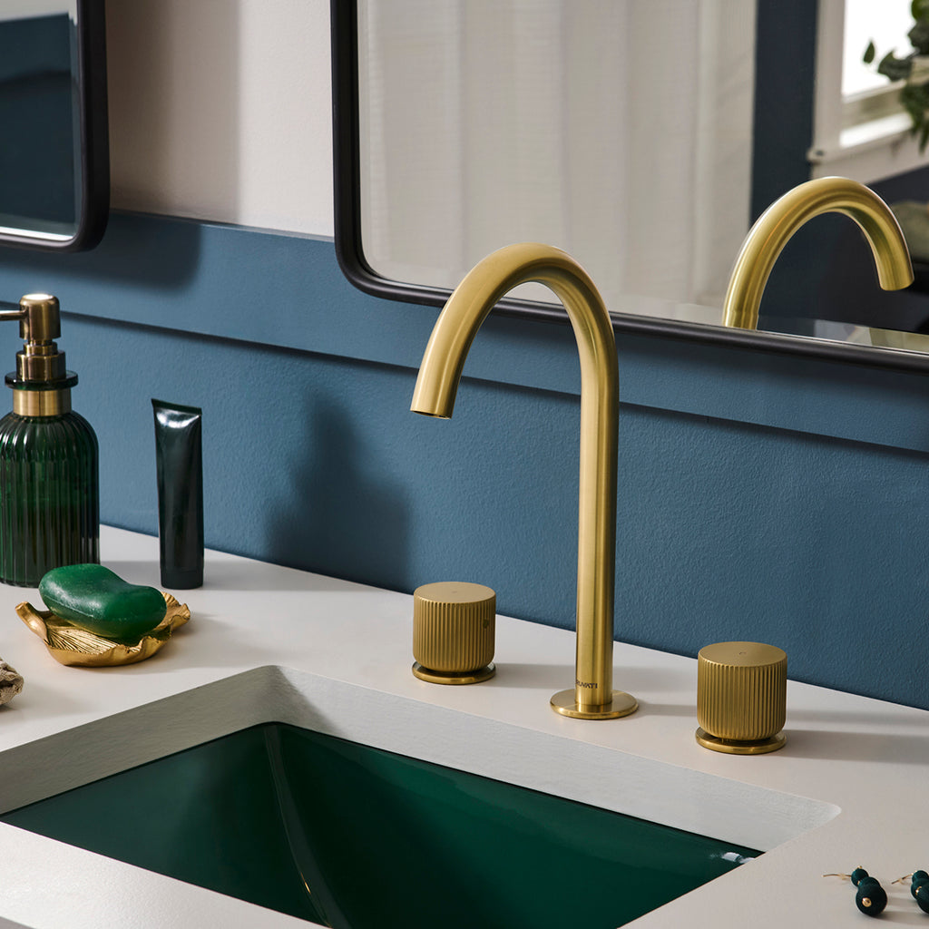 Fabio Two Handle Widespread Fluted Knob Arc Bathroom Faucet in Brushed Gold - RVF5238SG