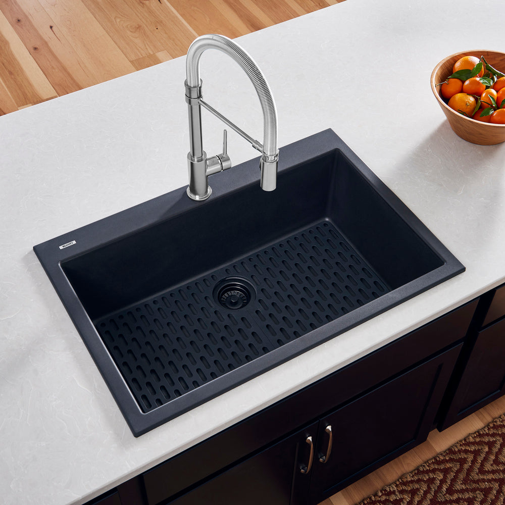 27 x 20 inch Drop-in Topmount Granite Composite Single Bowl Kitchen Sink Midnight Black