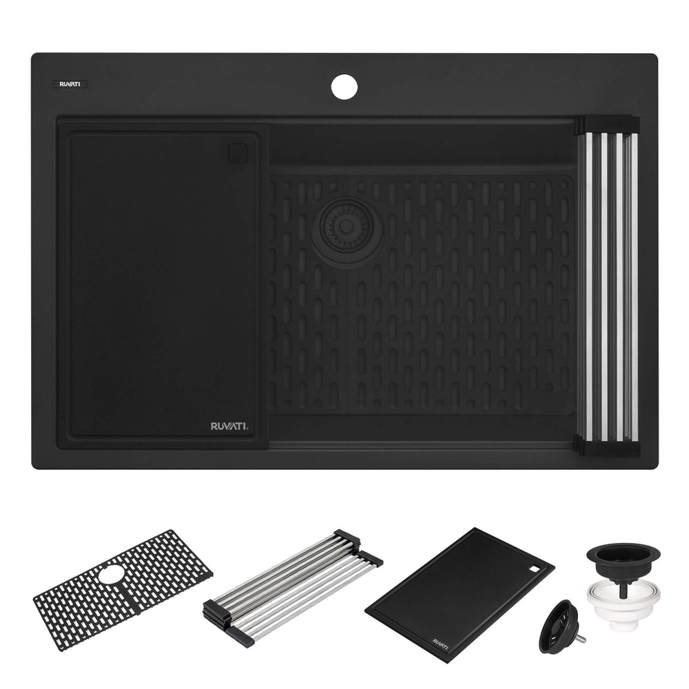 33" Granite Workstation Drop-in Topmount Kitchen Sink Matte Black